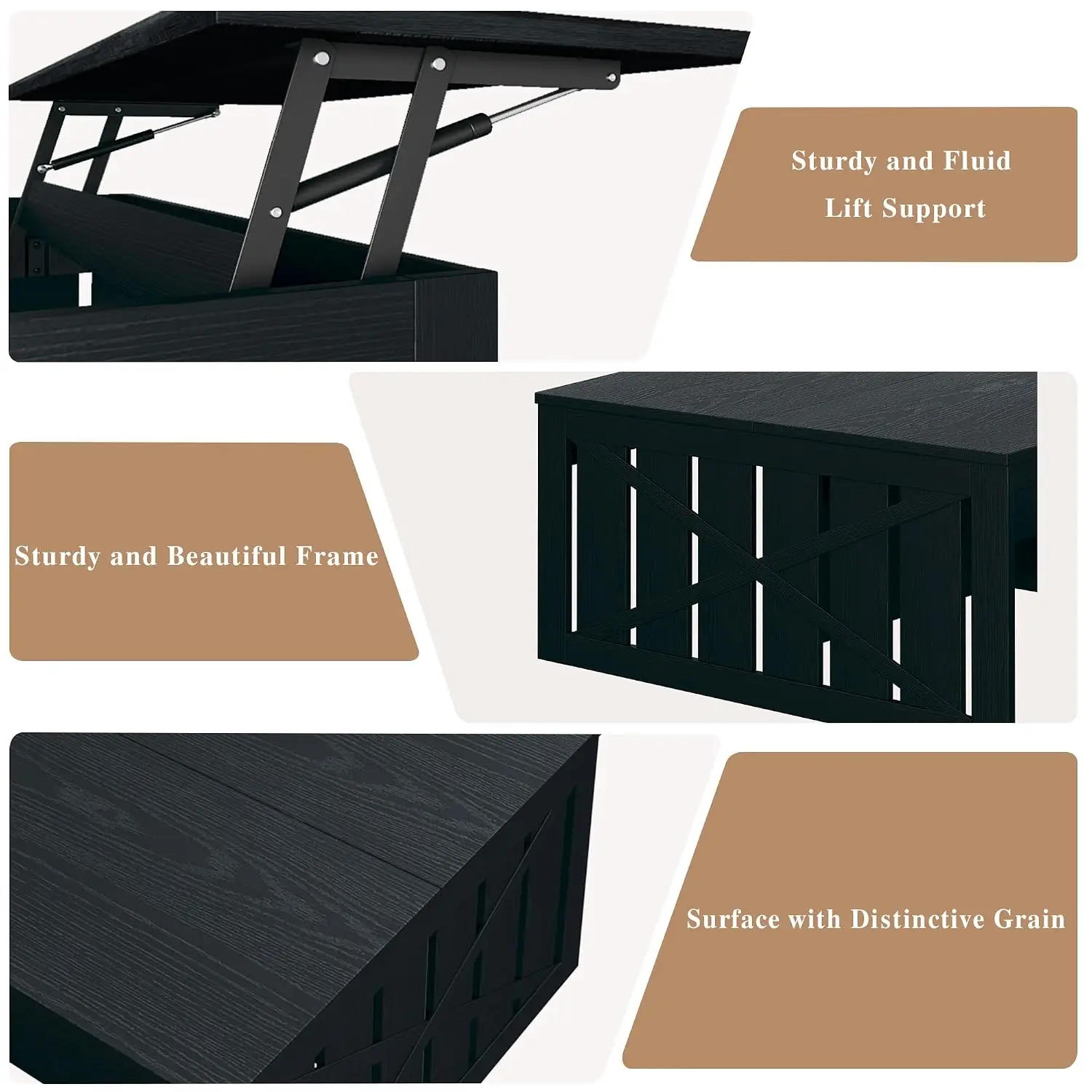 Lift Top Coffee Table with Storage & Ottoman Bench, Farmhouse Wooden Center Table for Living Room 31.5in Black, Customized