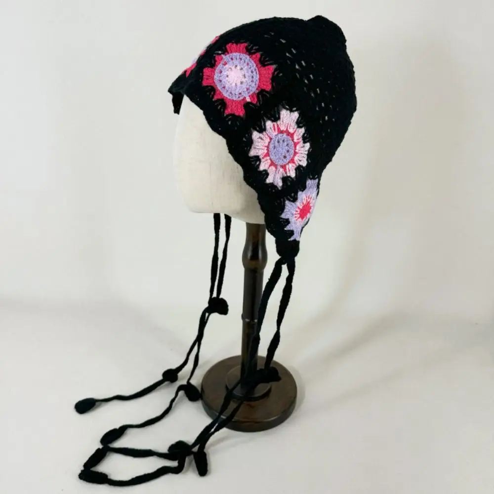 Gorro estilo pastoral francês, chapéu boêmio de malha, lenço, flor, artesanal, crochê, meninas, faixa de cabeça, toalha