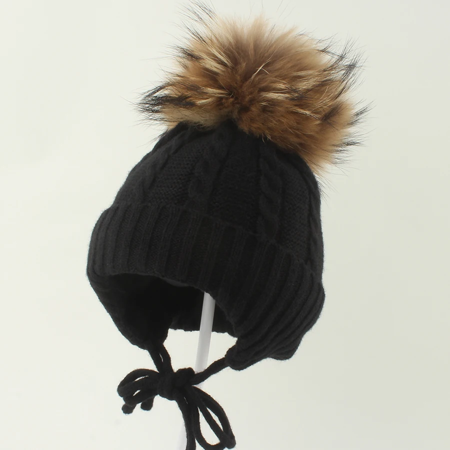 حقيقي الراكون الفراء Pompom قبعة الأطفال فتاة صبي شتاء دافئ زائد المخملية محبوك الصوف بيني للأطفال في الهواء الطلق إيرفلاب قبعة الطفل #5