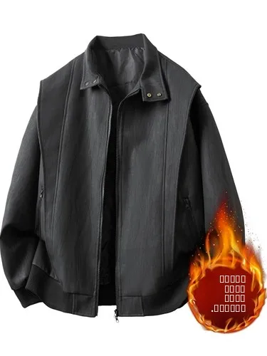 

Casual Men's Leather Jaet Flus2025 Autumn Winter New Sle Thiened Fce Youthful Windproof Zipper Closure Long Sve Coat