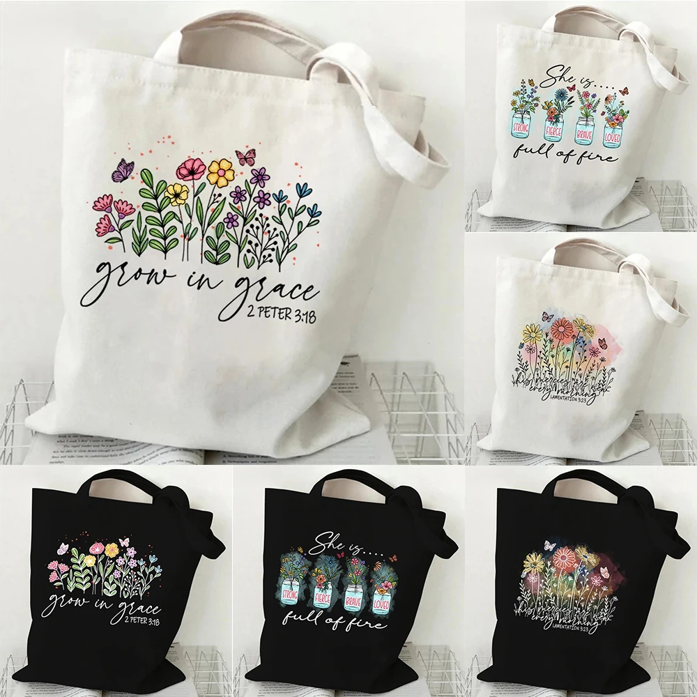 

Gift for Christian Canvas Shopping Bag Grow in Grace Religious Christian Faith Pattern Shoulder Bags Wildflower Women's Handbags