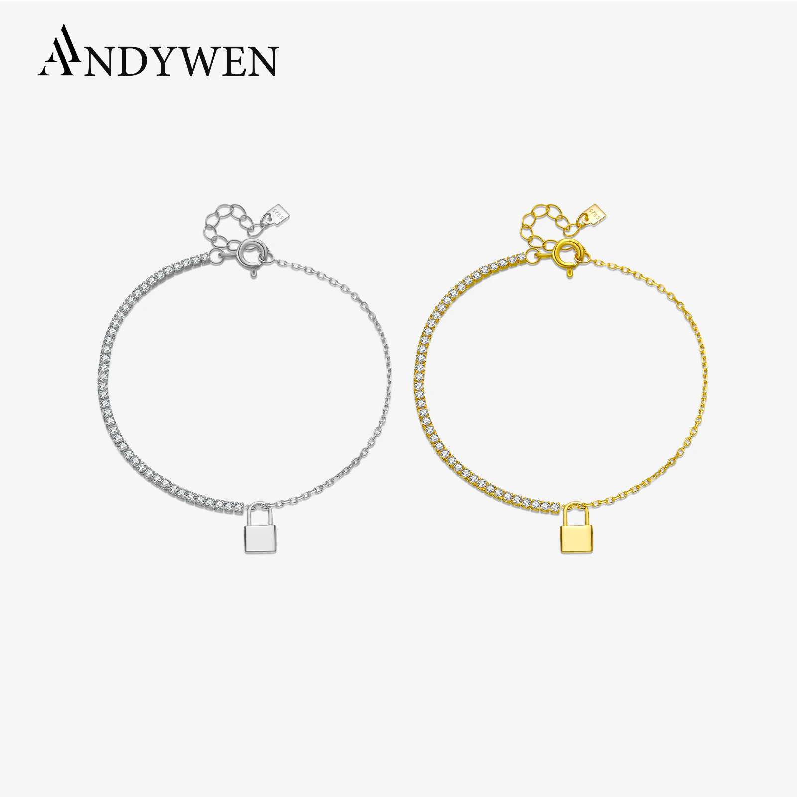 ANDYWEN 2021 925 Sterling Silver Gold Lock Key Pendant Charm Bracelet Women Fashion Fine Jewelry Crystal Wedding Gift Rock Punk