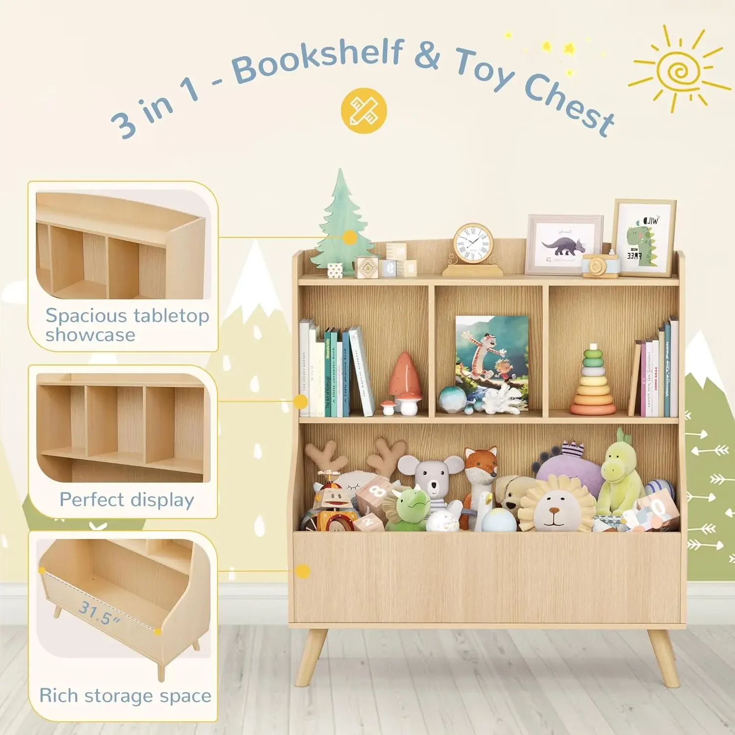 Étagère et rangement de jouets, bibliothèque en bois à 3 niveaux, livre pour bébé et présentoir de stockage de jouets évalué avec étagère supérieure spacieuse pour enfant