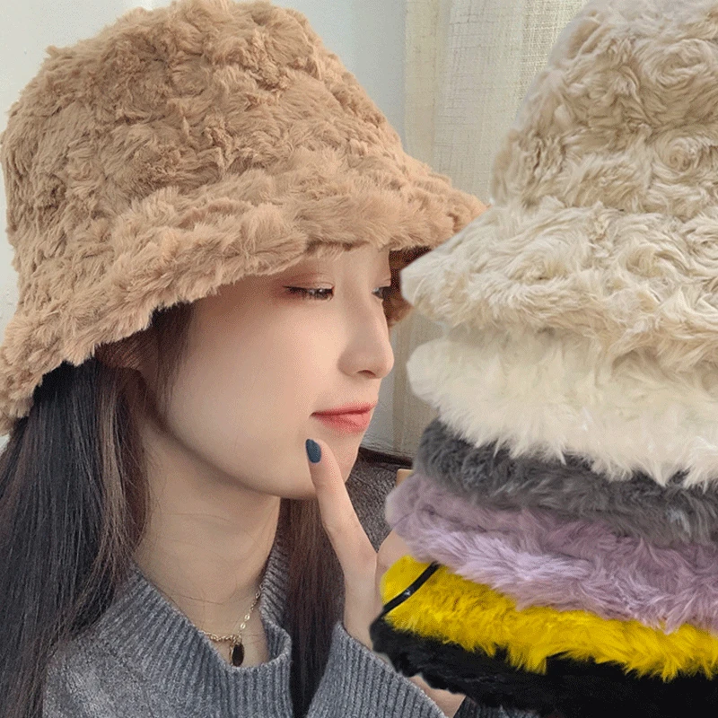 Fashion Women Fluffy Fur Bucket Hat Winter Warm Soft Plush Fisherman Panama Cap Femme Vintage Warm Bowl Hats Fluff Caps