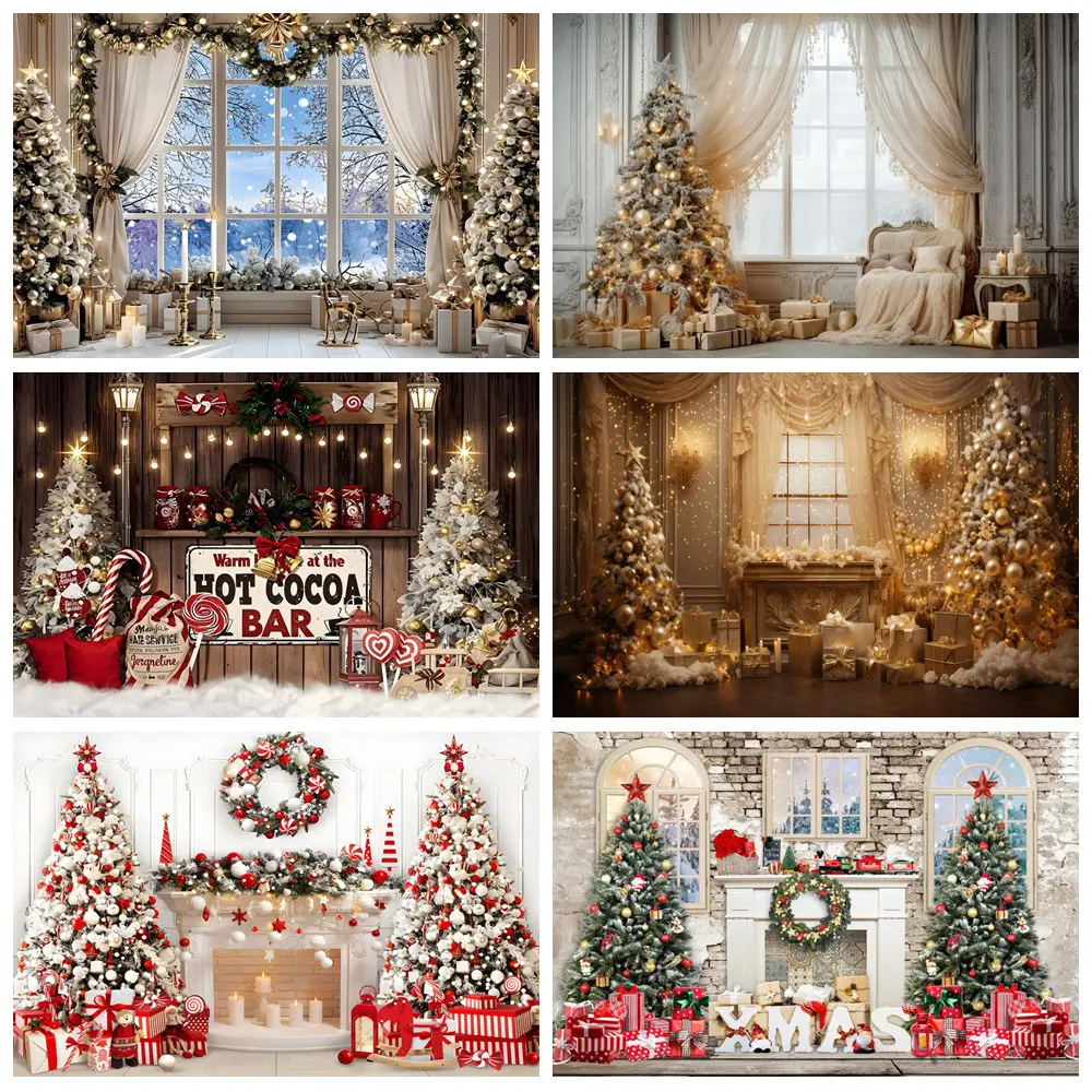 

Christmas Winter Backdrops For Photography Window Curtain Fireplace Xmas Tree Kids Family Portrait Background Photo Studio Props