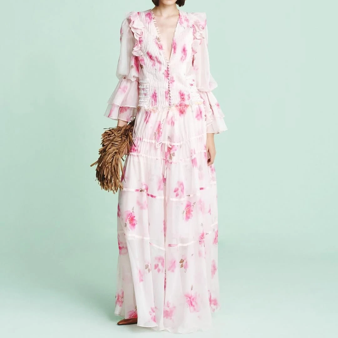 

Розовое платье с v-образным вырезом и принтом, женское платье с нашивкой, осень-весна, элегантное винтажное макси-платье, облегающее платье для подиума, длинная одежда для женщин