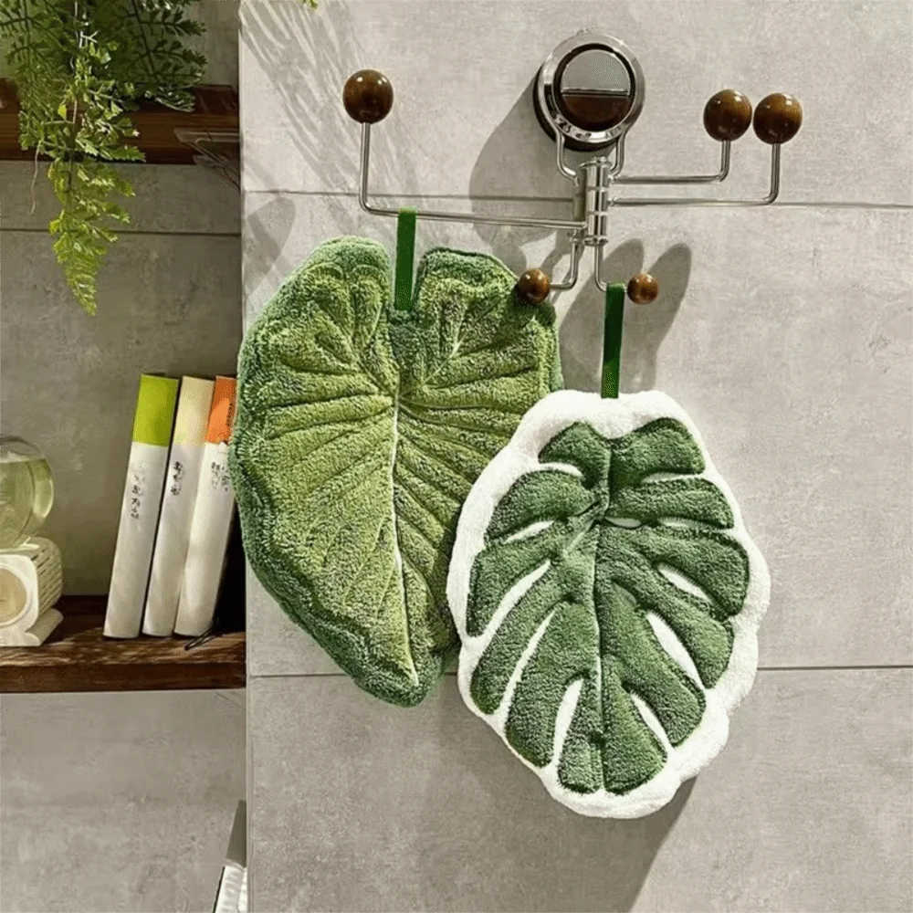 

2 Piece Absorbent Leaf-Shaped Hand Towel Hanging Thickened Kitchen Towel Coral Fleece Soft Hand Cloth Kitchen Accessories
