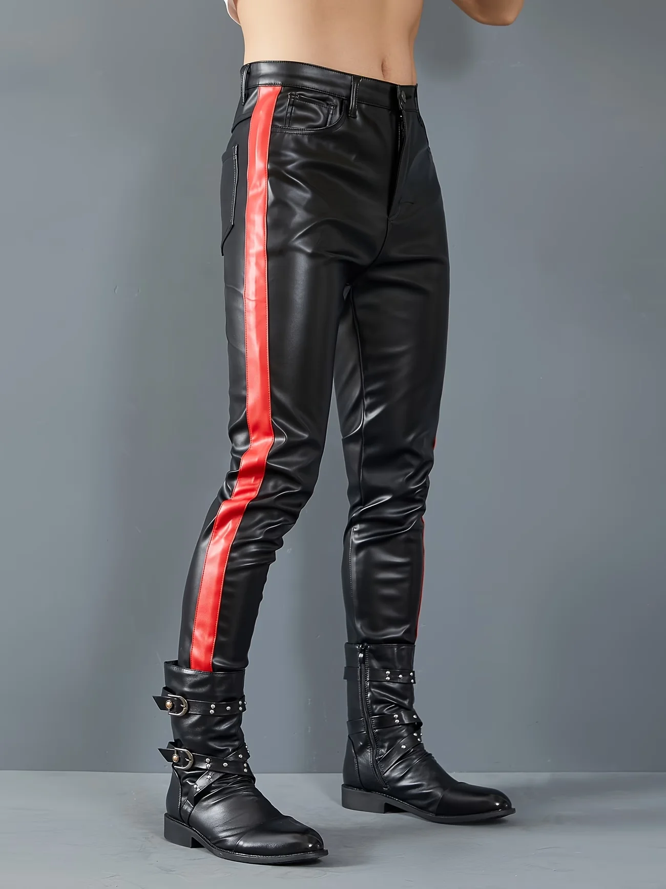 Herren Dehnbare Patchwork Outdoor Halloween Party Cosplay Biker Motorrad PU-Lederhose – Detail 2