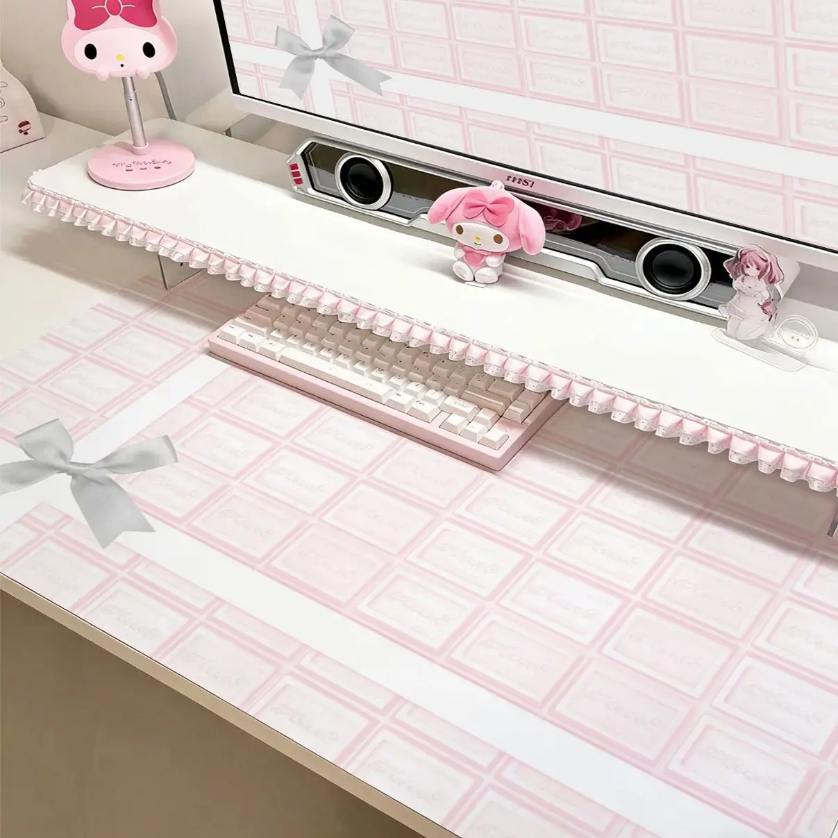 Pink Grid Bow Korean ins Sweet Girl Leather Desk Pad Protector Y2K Mouse Pad Office Desk Mat PU Desk Blotter keyboard Pads