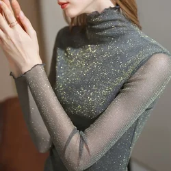 Black Top Female Turtleneck Mesh Slim Fine Sparkle Women's Long Sleeve T-shirt 90s Vintage Harajuku Fashion Japanese Clothes Tee