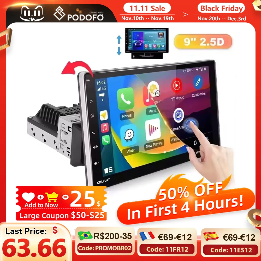 

Podofo автомобильный стерео радио 9 дюймов 1din Android 13 Carplay Android авто автомобильный мультимедийный плеер Bluetooth WIFI FM радио для универсального