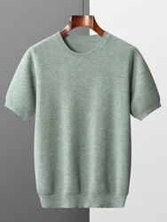 100% Merino Wool Men Sweater Short-Sleeved O-Neck Knitted Pullover Casual Honeycomb Needle Tops Loose Semi-Sleeve T-shirt