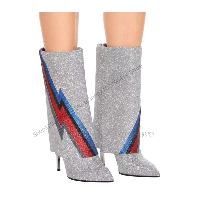 Mischfarbe Kristall Blitz druck umgedreht Stiefel Mitte Kalb Frauen Schuhe dünne High Heels spitzen Zehen Zapatos Para Mujere