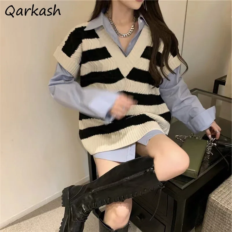 

Полосатый свитер, жилеты, женская мешковатая уличная одежда в консервативном корейском стиле, Новое поступление, универсальное женское стильное нежное трикотажное платье в стиле Харадзюку