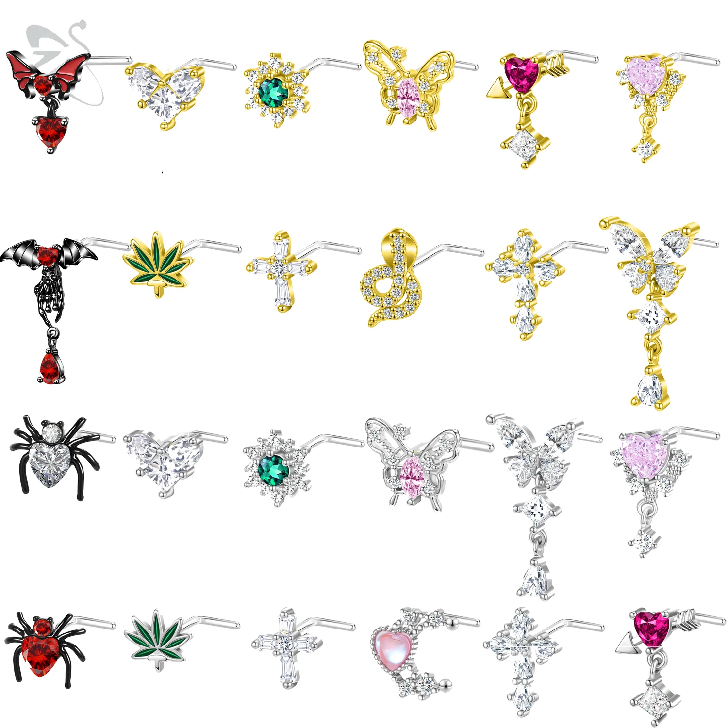 

ZS 1PC Spider Bat Shape Crystal Nose Stud Stainless Steel Nose Piercing Screw L-Shape Retainer Nostril Piercing Jewelry 20G