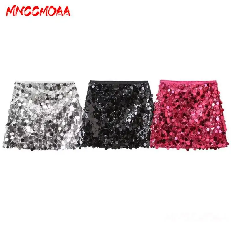 

MNCCMOAA-Women's Shiny Sequin Mini Skirt, High Waist, Casual, Versatile, Elegant, Party Skirts, Female Fashion, 2024