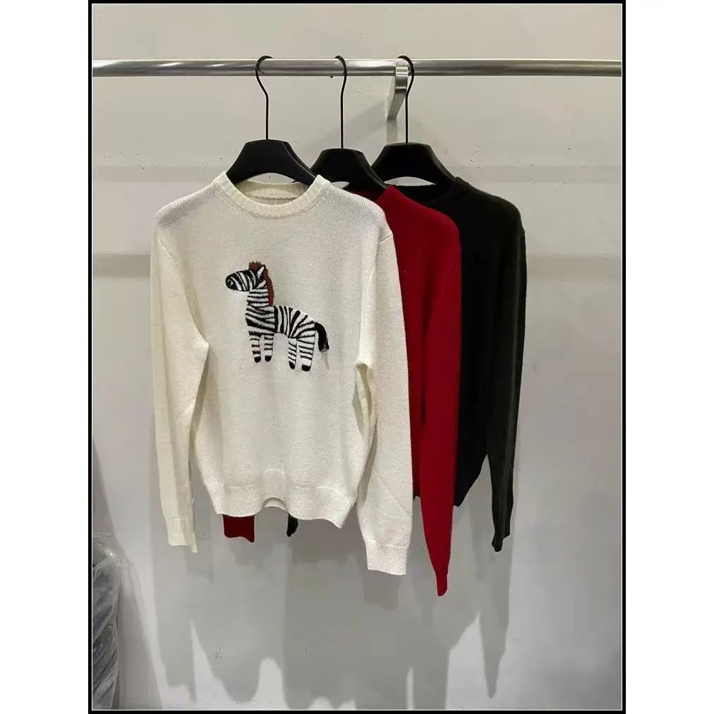 

RAIN YAN LIN Simple Cartoon Zebra Knitted Sweater Women's Spring Autumn O-Neck Long Sleeve Loose Pullover Casual Versatile Tops