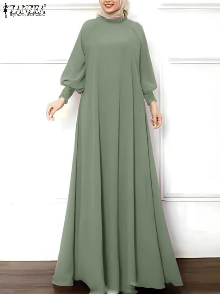 ZANZEA Elegant Muslim Fashion Maxi Dress Solid Women Long Sleeve Islamic Hijab Vestidos Ruffled O Neck Shirring Cuff Abaya Robes