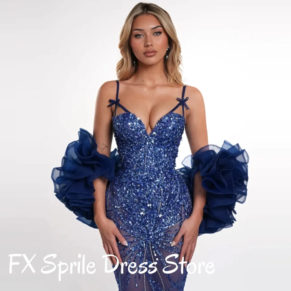 Luxury Mermaid Evening Dress Sexy Bow Spaghetti Straps Party Dresses  See Through Sequined Tulle Customized Cocktail Gown