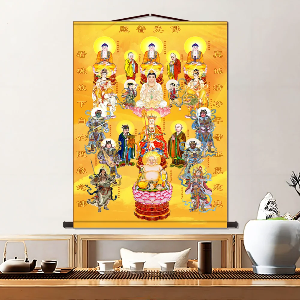Buddhist Hanging Scroll, Silk Buddhas Bodhisattvas Guanyin Painting for Home Altar, Traditional Chinese Buddhist Art Wall Decor,