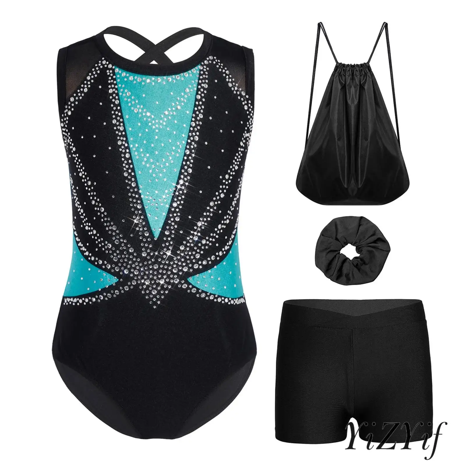 

Lyrical Figure Skating Dance Costume for Girls Sleeveless Gymnastics Dance Leotard with Shorts Hairband and Drawstring Backpack