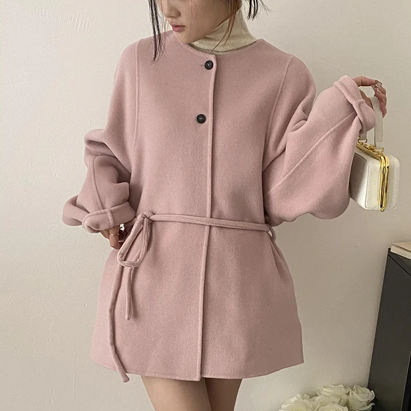 Korean high-end round neck 20 cashmere coat for women, mid to long, lace up, 2024 autumn/winter Australian wool double-sided