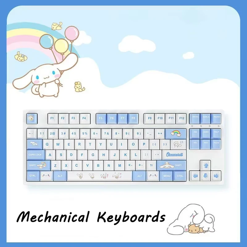 

Механическая клавиатура Cinnamoroll, беспроводная Bluetooth-клавиатура для игр, мультяшная клавиатура с 87 клавишами, колпачки для клавиш Pbt, трехрежимная клавиатура