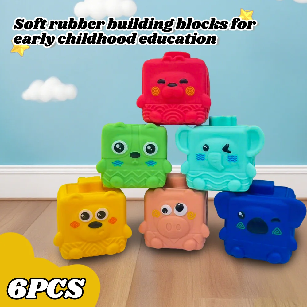 

6PCS Soft Rubber Animal Building Blocks for Toddlers Baby Early Education Teething Sensory Stackable Toys Gift for Kids 0+Months