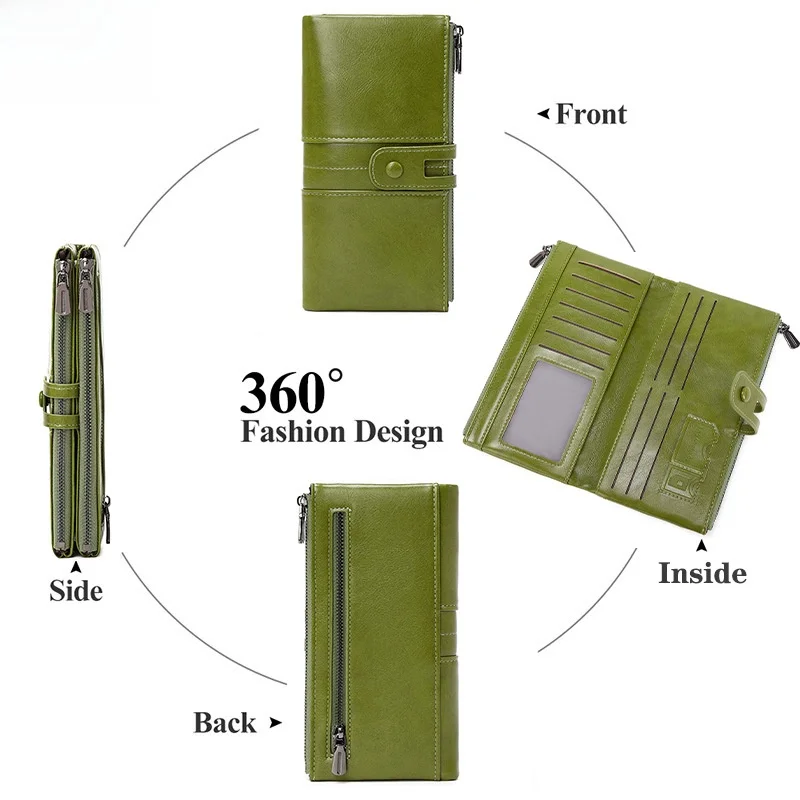 Cartera larga para mujer de cuero ence con doble cremallera, estilo retro, transfronterizo, RFID antirrobo, marca Infinite.