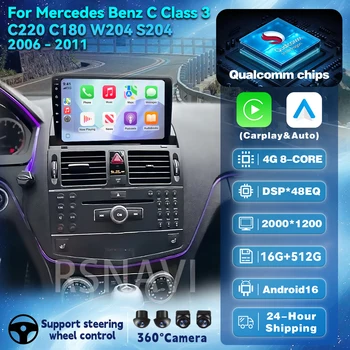 Radio samochodowe z ekranem Android 16 Carplay Auto Qualcomm Plug and Play do Mercedesa Klasy C 3 W204 2006 - 2011, nawigacja GPS Stereo