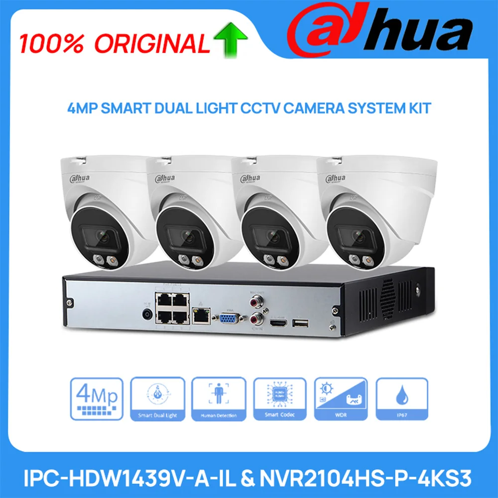 

Оригинальные комплекты видеонаблюдения Dahua, 4 шт., 4 МП, IPC-HDW1439V-A-IL, IP-камера, 4 канала, POE NVR2104HS-P-4KS3, система видеонаблюдения NVR