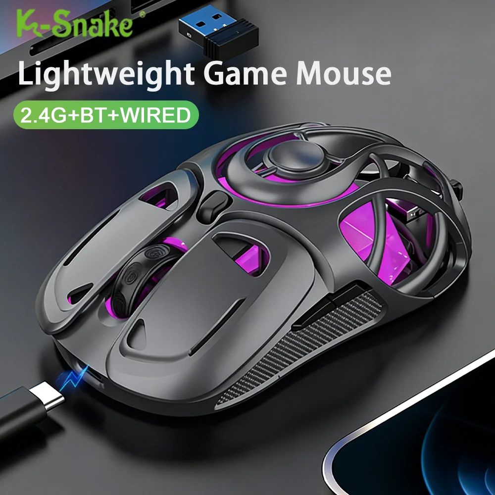 K-Snake Tri-mode Wired/2.4GHz /BT Gaming Mouse 10000 DPI with Bluetooth Lightweight Hollow out Mouse for Laptop Desktop Office
