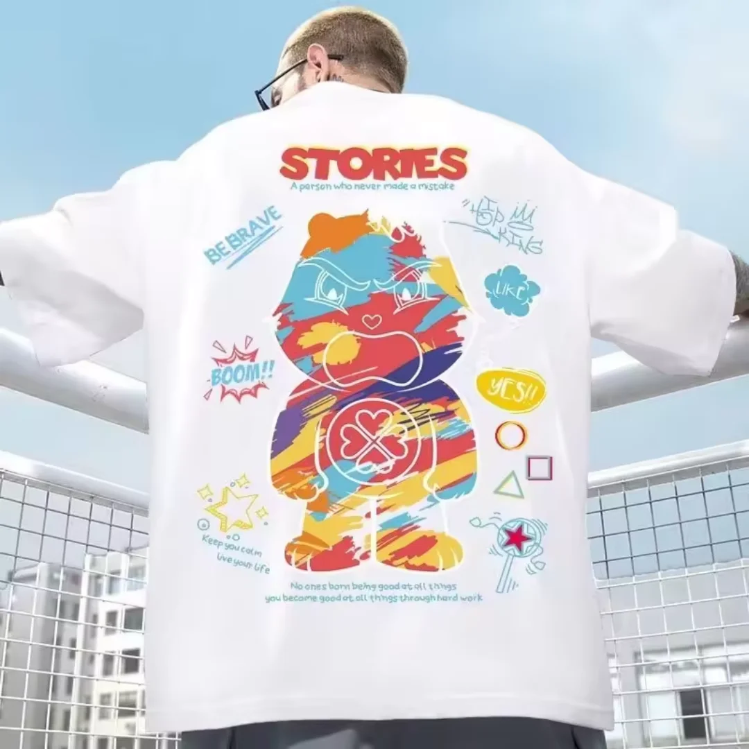 S-Oversized Men Clothing Student American Popular College Style Couple Casual Loose Fitting Trendy Angry Bear Print T-shirt