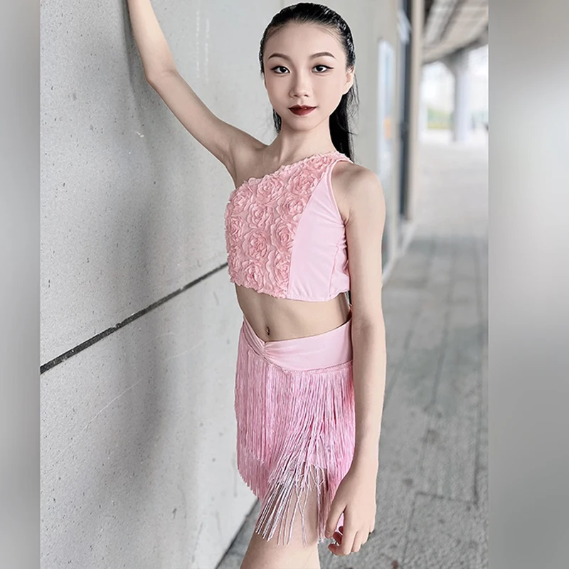 

Summer Latin Dance Clothes Girls Pink Tops Fringe Skirt Kids Cha Cha Rumba Samba Dance Practice Wear Performance Costume NV22887