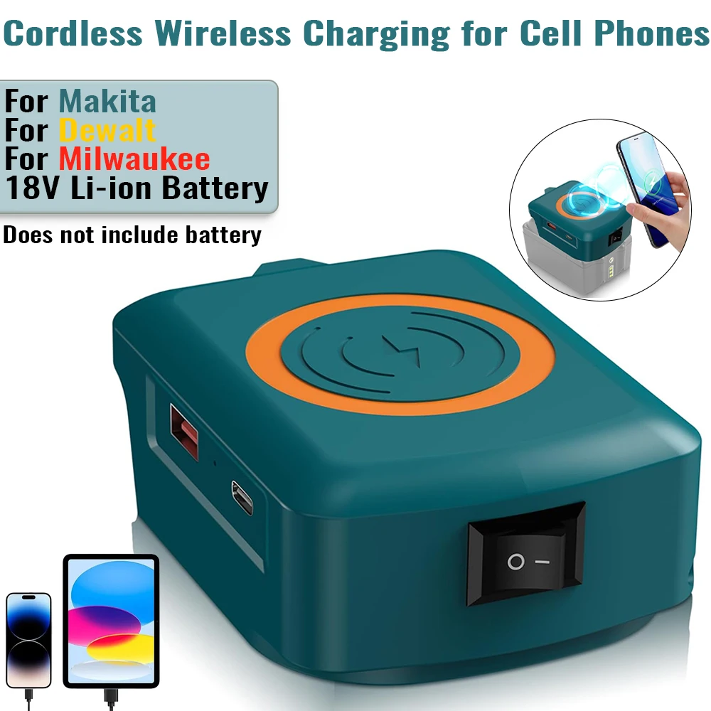 

Портативный внешний аккумулятор (Power Bank) с USB-адаптером и портом Type-C для зарядки беспроводных телефонов, совместимый с литий-ионными аккумуляторами 18В Makita/Dewalt/Milwaukee
