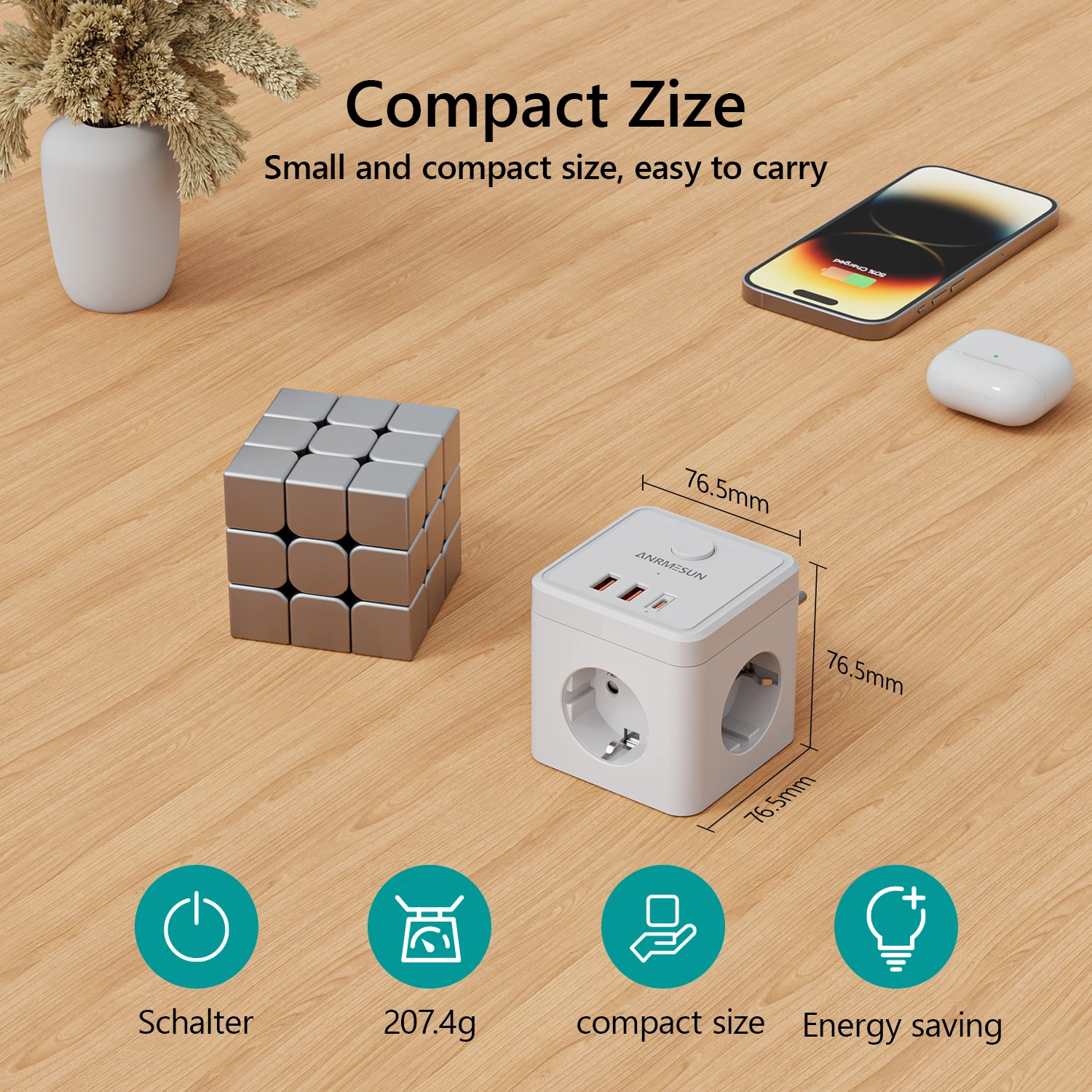 ANRMESUN EU Przedłużacz zasilający w kształcie kostki z 3 gniazdami AC + 2 USB QC3.0 + 2 USB-C PD20W z szybkim ładowaniem, gniazdo ścienne z włącznikiem/wyłącznikiem — zdjęcie produktu 6