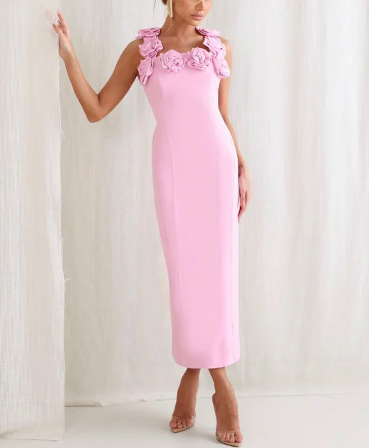 High Quality Customized Ankle Length Flowers Pink Sleeveless Backless Zipper Vestidos Para Bodas Mujer Invitada فساتين السهرة