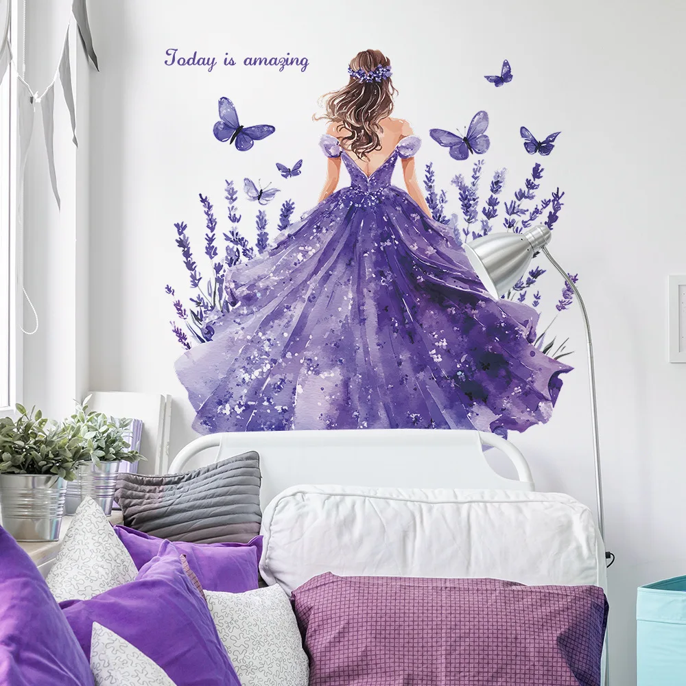 Lavender Girl Wall Sticker Vinyl Purle Butterfly Flower Art Decals Self-adhesive for Girls Room Living Room Home Wall Decoration