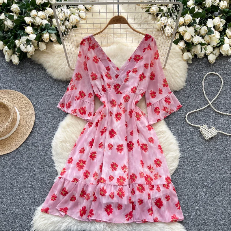 Boho v neck women summer floral print chiffon backless midi dress casual elastic waist a-line vestido de festa beach vestidos