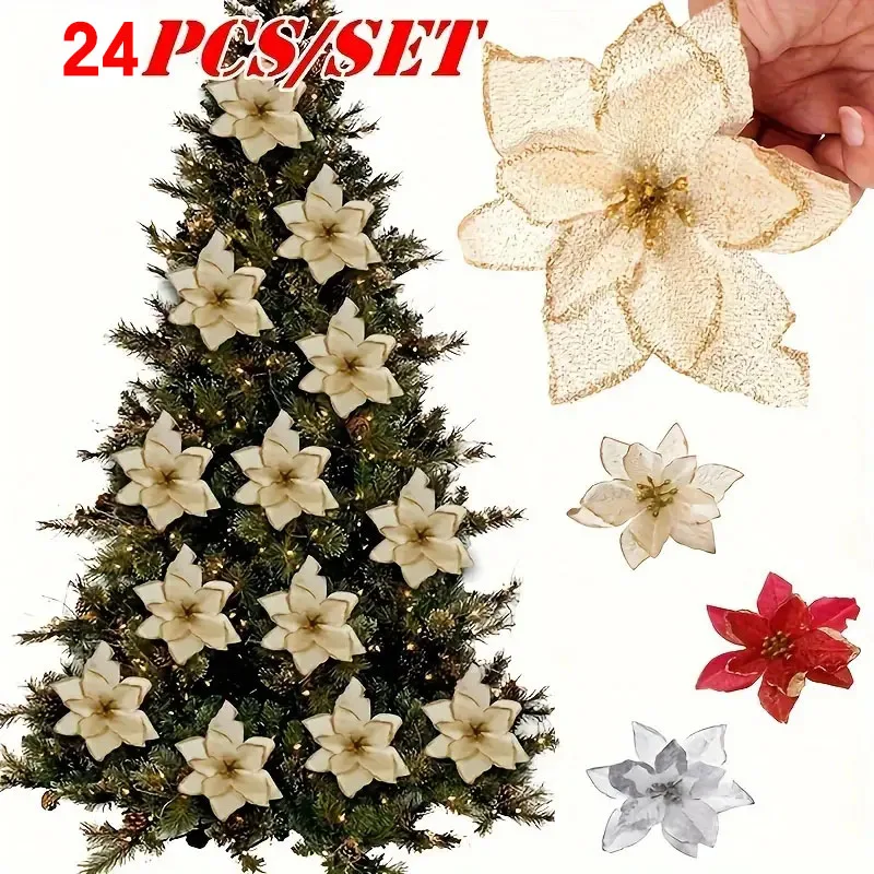 24 Stück künstliche Weihnachtsbaumblumen, langlebige Kunststoff-Weihnachtsschmuck für Kränze, Girlanden, Baum, Zuhause, Party-Dekoration