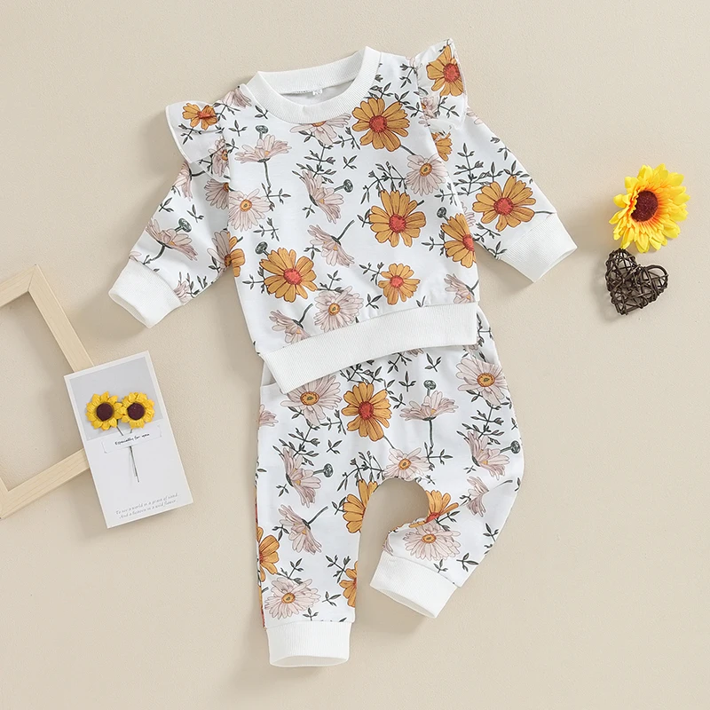 Kmbangi Pasgeboren Peuter Meisjes Outfit Met Ruches En Lange Mouwen Bloemenprint Sweatshirt Joggingbroek 2 Stuks Broek Set Babykleding