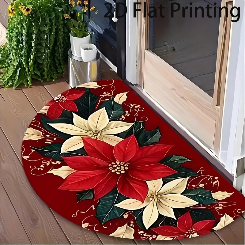 VIKAMA Christmas Poinsettia Semi Circle Doormat Xmas Farmhouse Washable Non Slip Entry Rug Home Decor