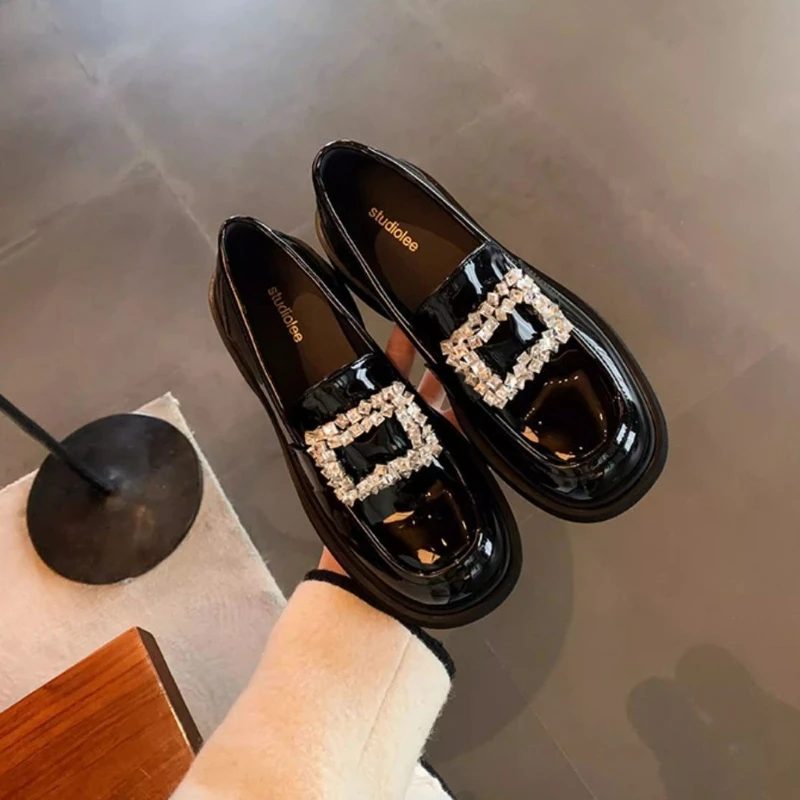 

Women's Crystal Square Buckle Loafers 2026 Spring Autumn New Round Toe Chunky Heel Black Platform Thick Sole Height Increasing