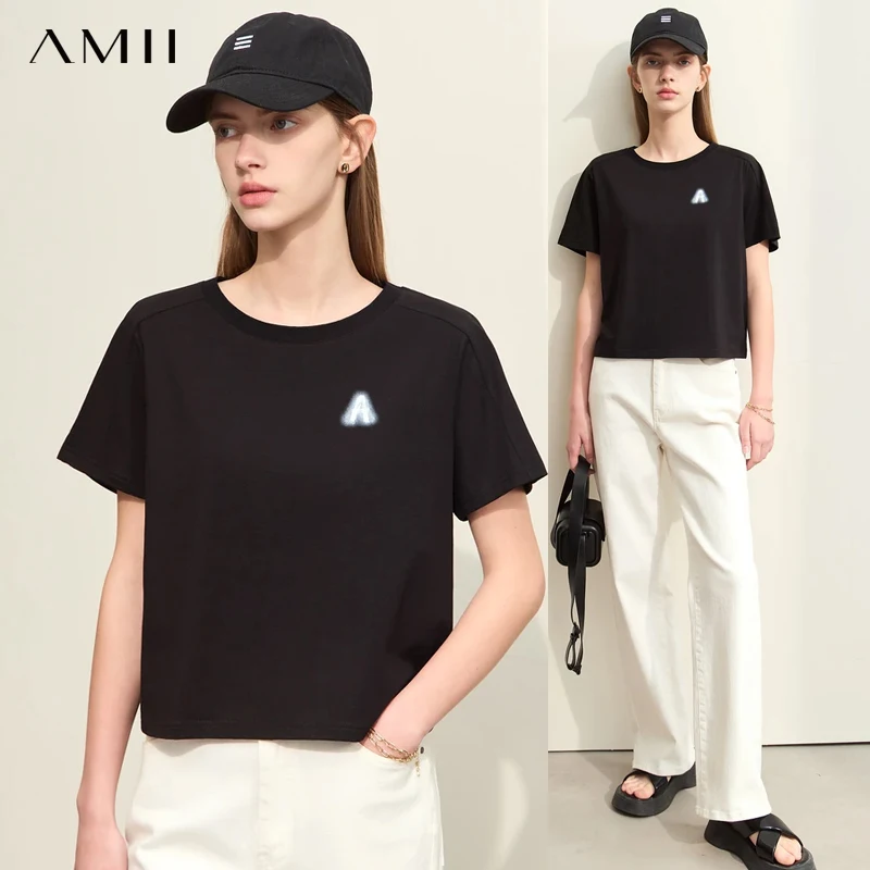 

Amii Minimalism 2025 Spring New Basics T-shirts For Women Loose Short Sleeve O-Neck Letters Printed Casual Fashion Tees 12422096