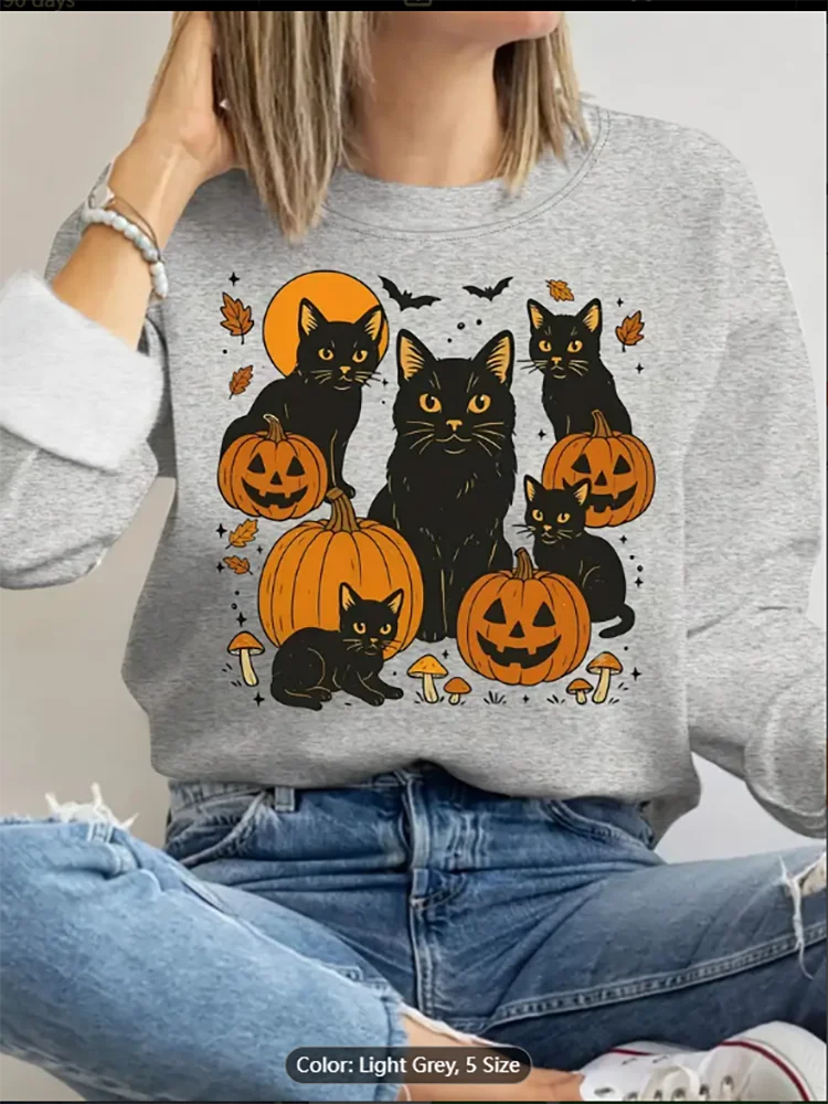 Halloween Sweater-Black Cats Pumpkins, Bats-Cozy Fall Pullover for Halloween Party Outfit - Machine Washable Casual Long Sleeve