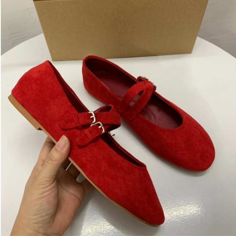 2025 Spring New Women\'s Ballet Flats Retro Red Double Belt Buckle Decoration Casual High Quality Big Size Lady Mary Jane Shoes