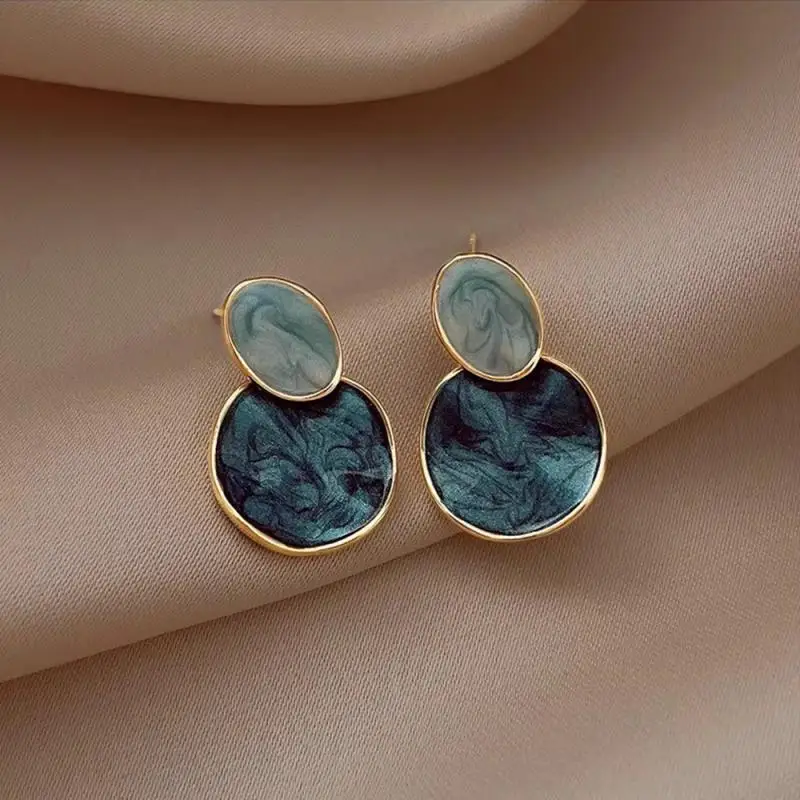 Vintage Irregular Enamel Drop Earrings Women Color Block Geometric Round Earrings Delicate Niche Party Jewelry Accessories Gifts