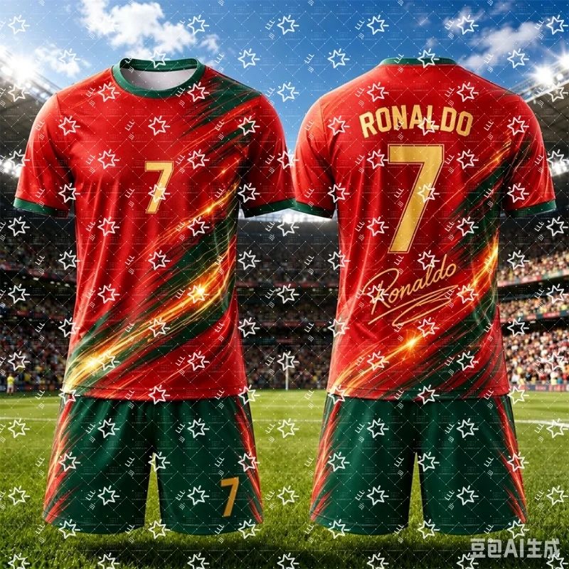 Men Ronaldo 7 Football Jersey Set Yellow Blue Brush Print Round Neck Short Sleeve Soccer Shirt + Drawstring Shorts 2-Piece