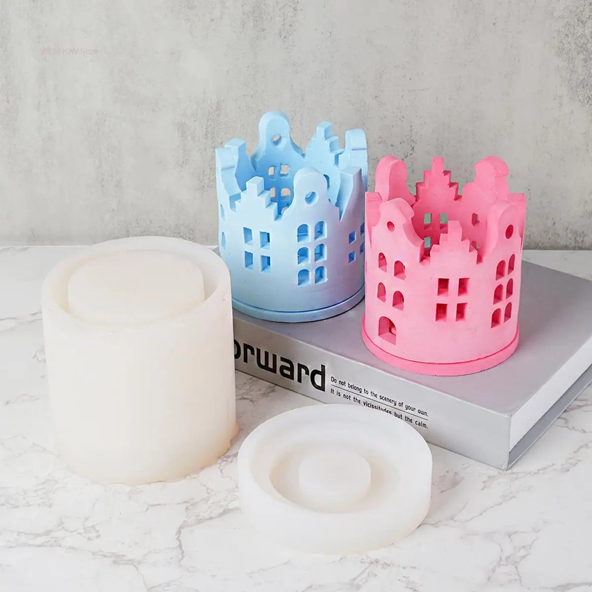 DIY House Ring Tea Light Silicone Mold Plaster Concrete Drops Castle House Candle Holder Mould Creative 3D Craft Gifts Ornaments