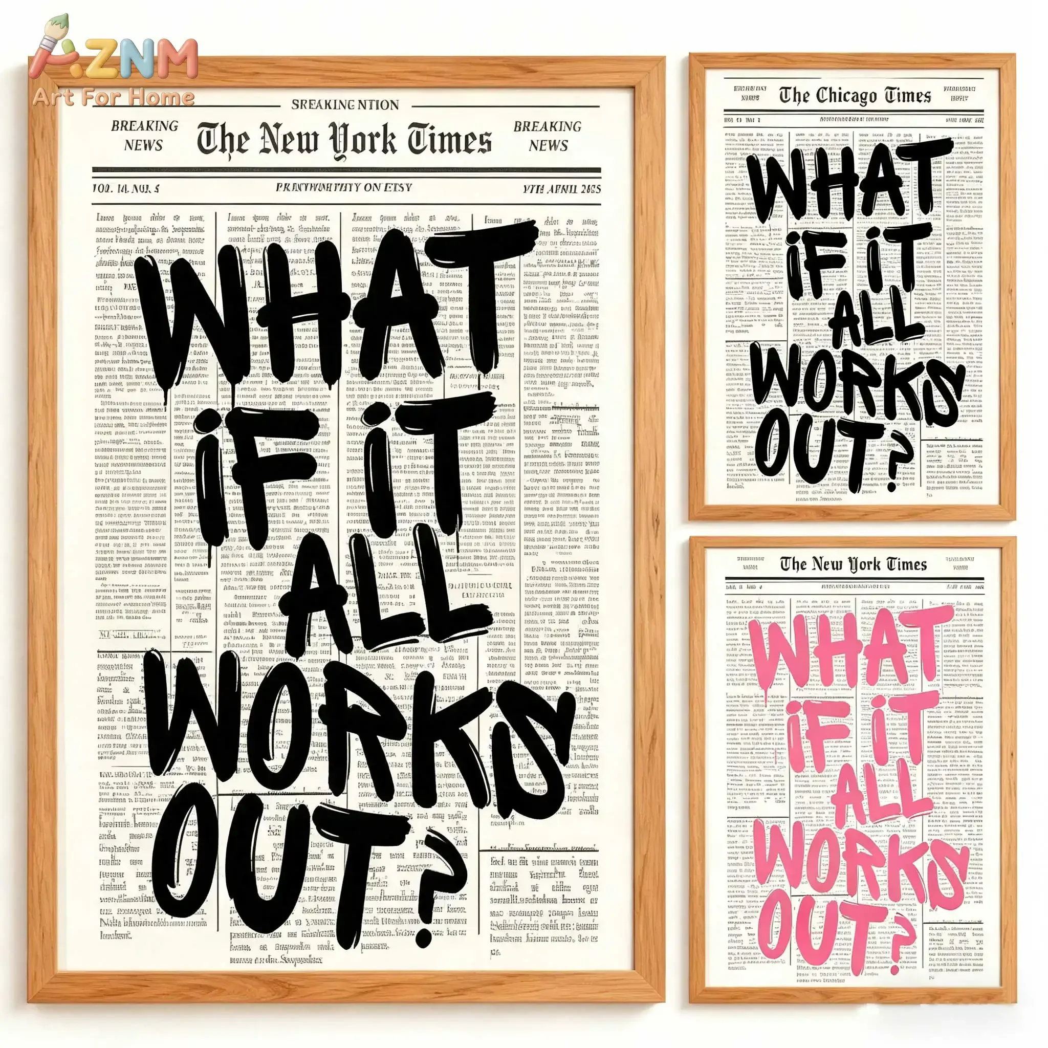 AZNM What If It All Works Out Canvas Wall Art Newspaper Background Motivational Quote Print Unframed Canvas Painting Trendy Room